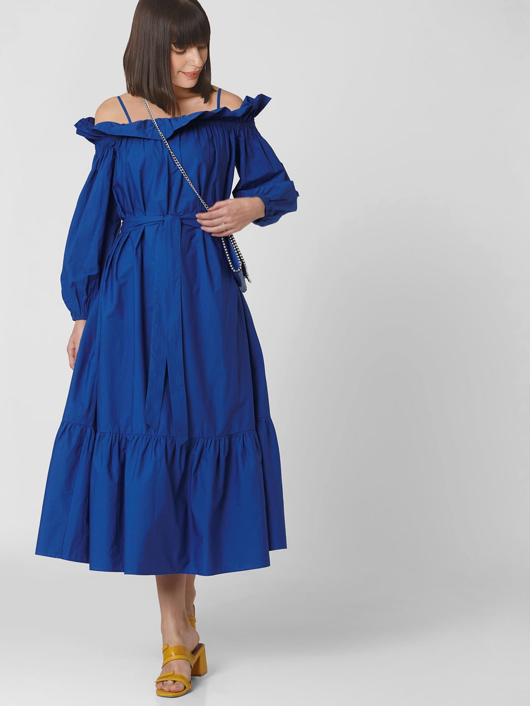 blue off the shoulder ruffle dress