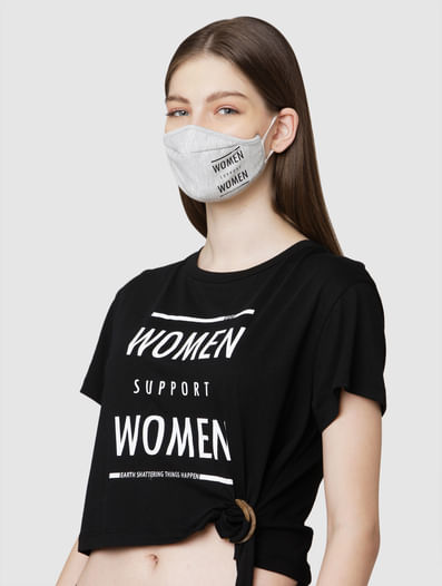 Black Slogan Print T-shirt & Mask