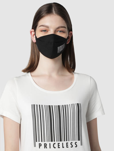 White Text Print T-shirt & Mask