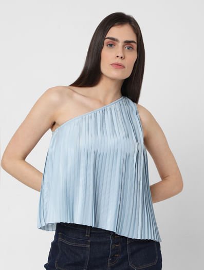 Blue One Shoulder Pleated Top