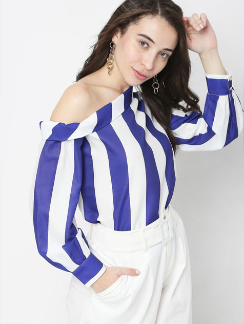 White Striped One Shoulder Top