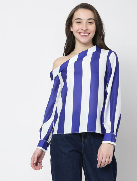 White Striped One Shoulder Top