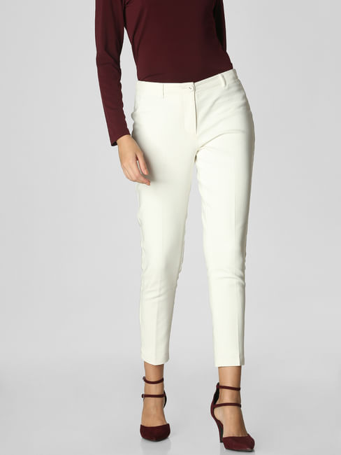 White Mid Rise Slim Trousers