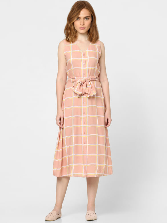 Pink Check Print Midi Dress