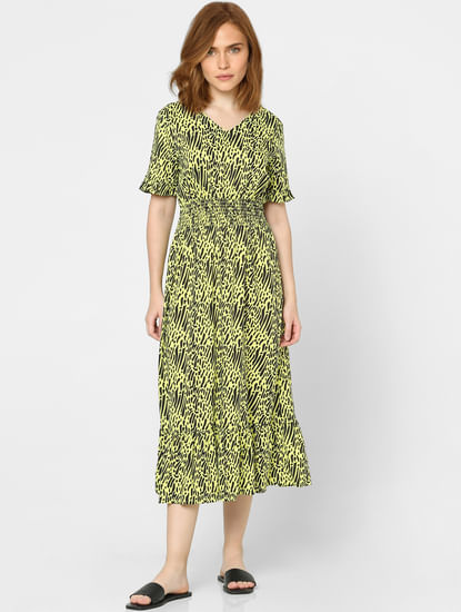 Lime Green Abstract Print Midi Dress