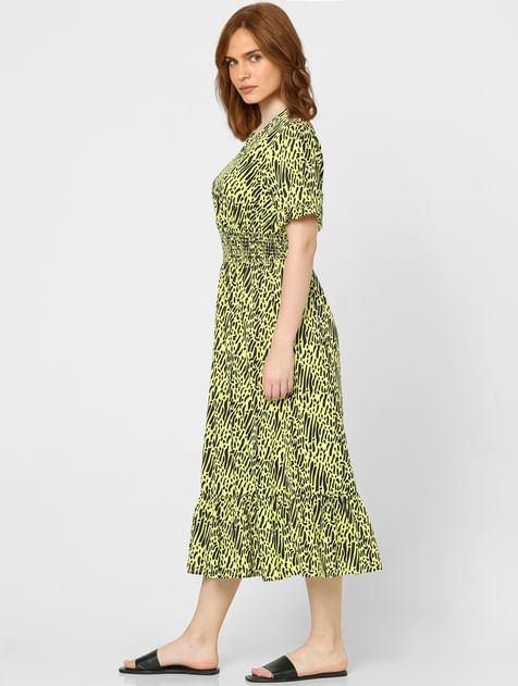 Lime Green Abstract Print Midi Dress