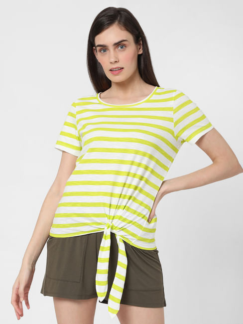 Light Yellow Striped Front Knot T-shirt