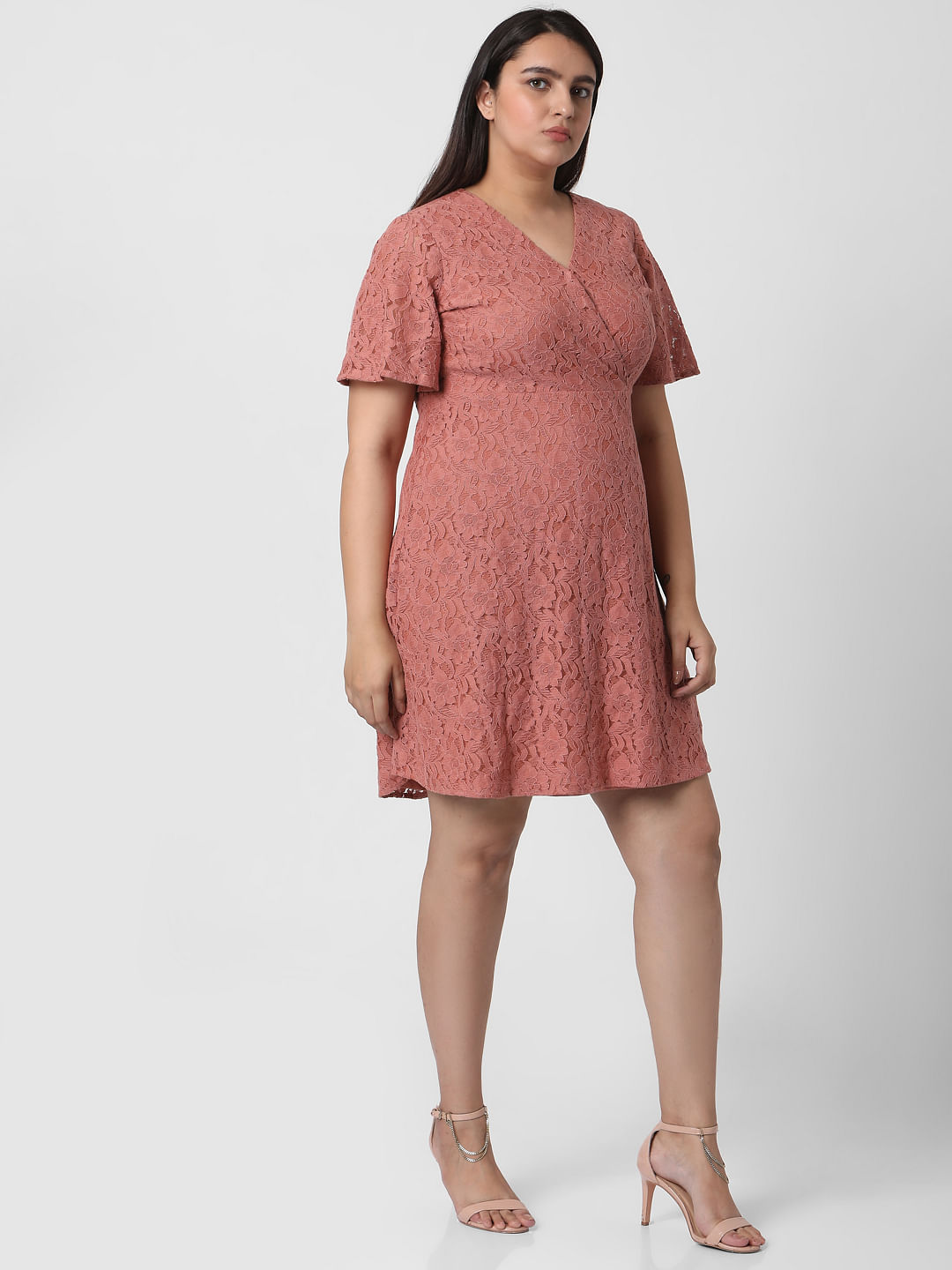 Pink lace fit discount and flare dress