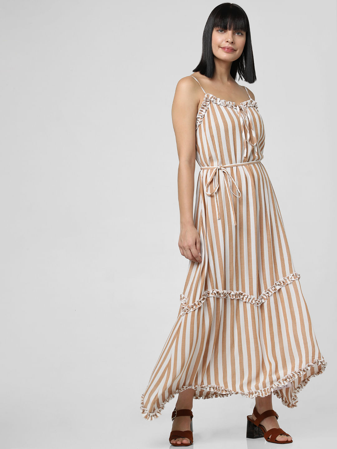 stripe ruffle cotton maxi dress