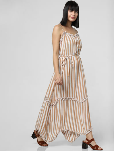 White Striped Ruffle Trim Maxi Dress