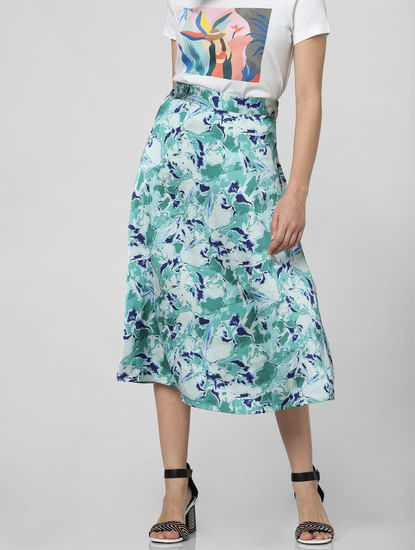 Green Abstract Print Flared Skirt