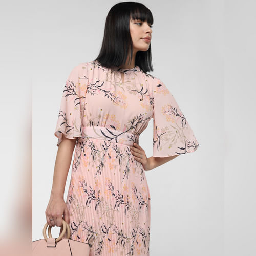 Pink Floral Print Pleated Dress