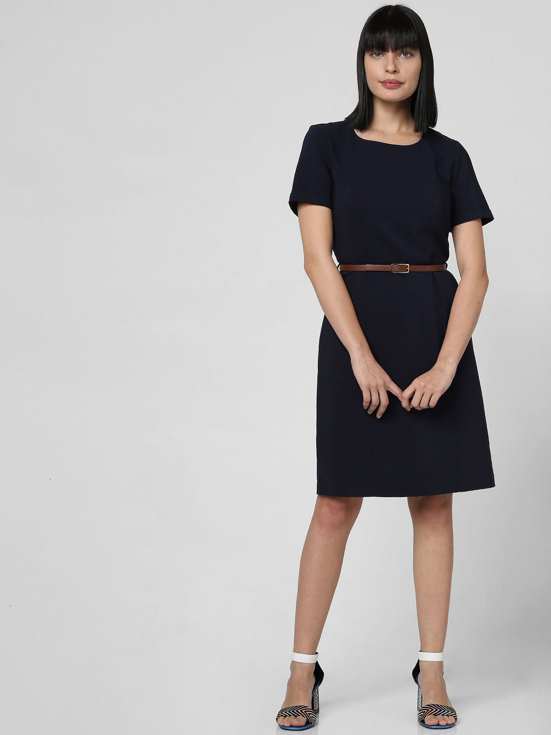 navy blue belted dress