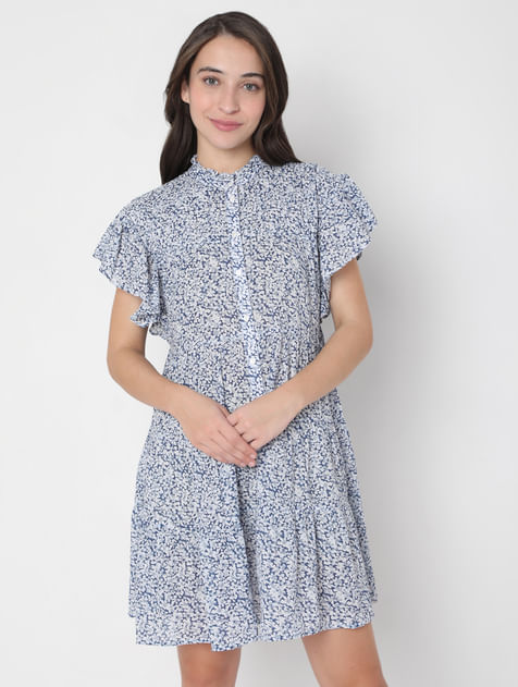 Blue Floral Print Mini Dress