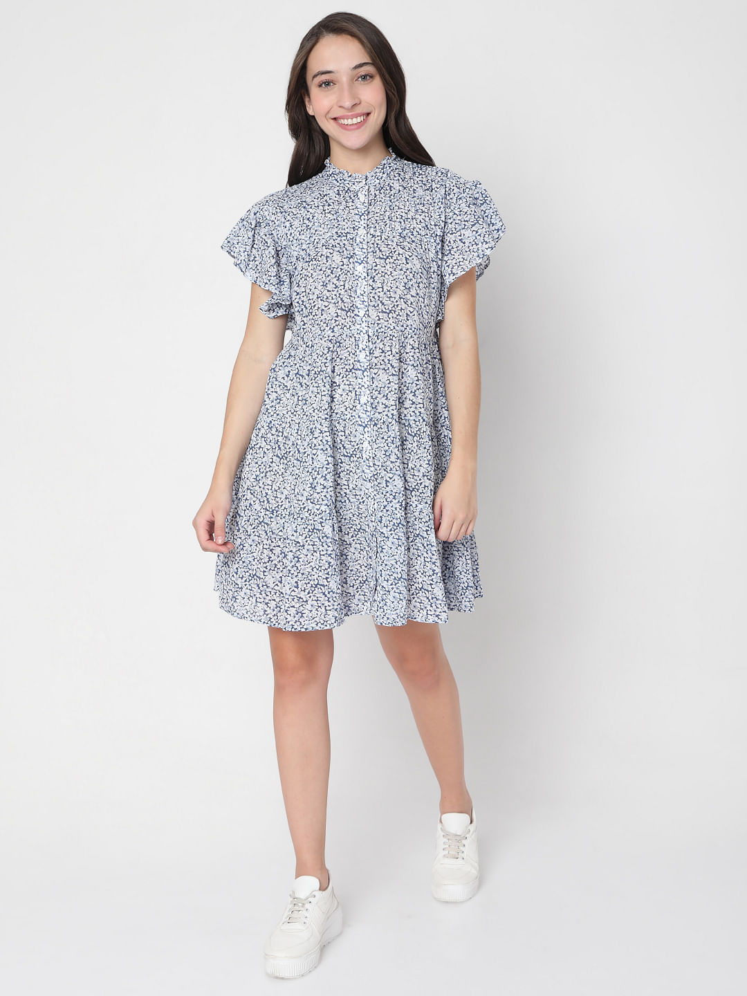 blue and white floral dress mini