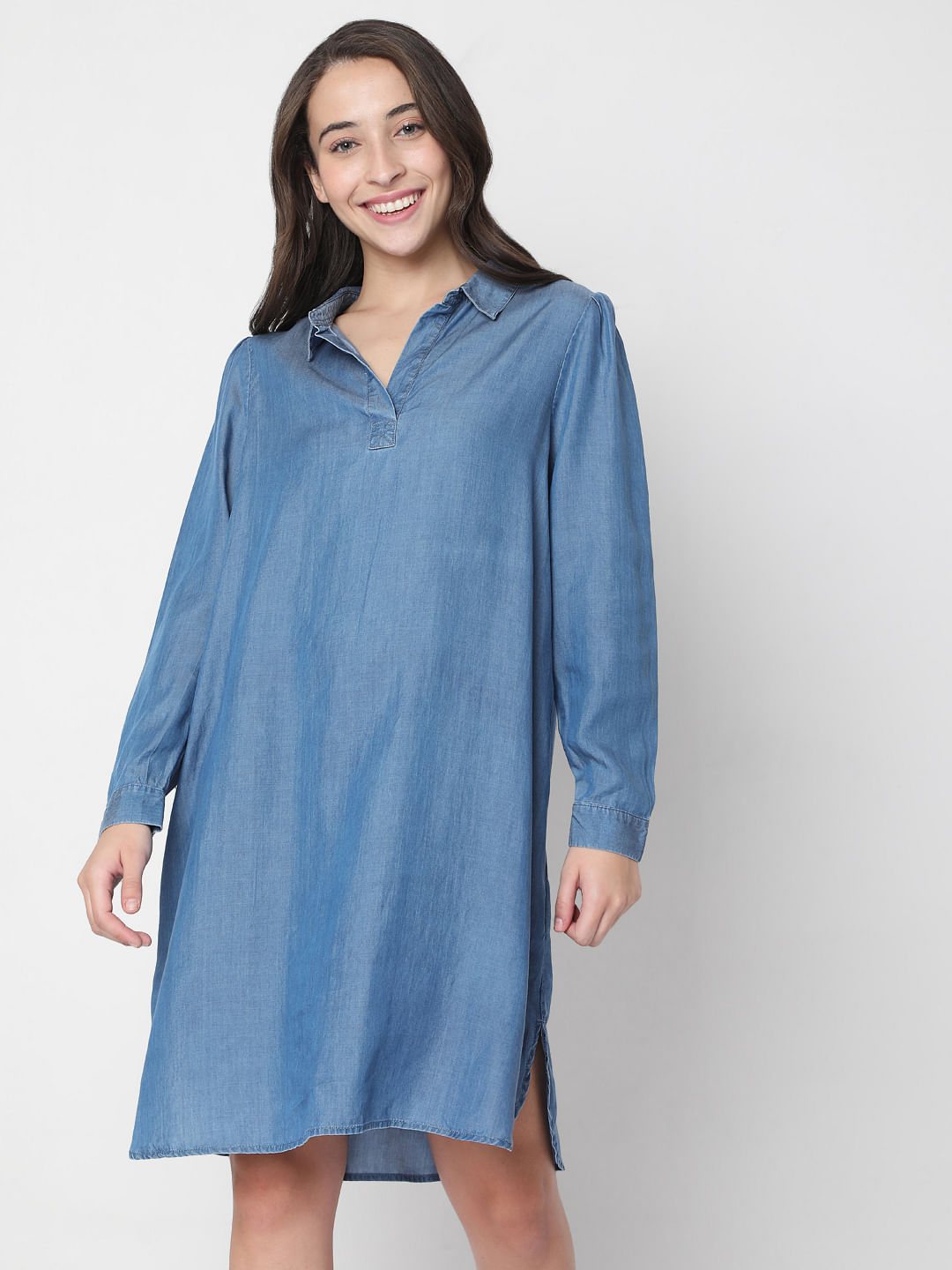 Buy Hive91 Sky Blue Long Shirt Dress for Women Made of Chambray Cotton at  Amazon.in