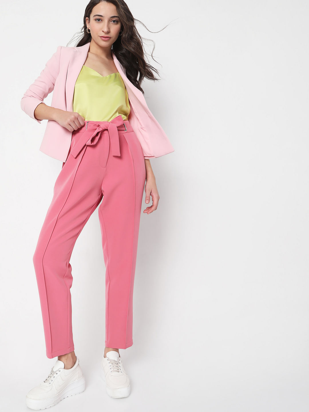 Pink High Rise Belted Pants