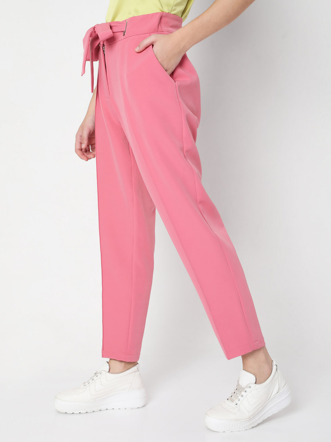 Pink high waisted flat-front stretch Dress Pants | Sumissura
