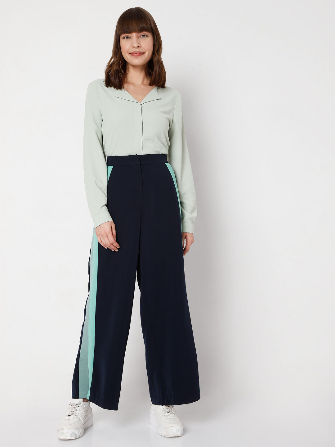 Buy WIDE LEG HIGH-WAISTED BLUE TROUSER for Women Online in India