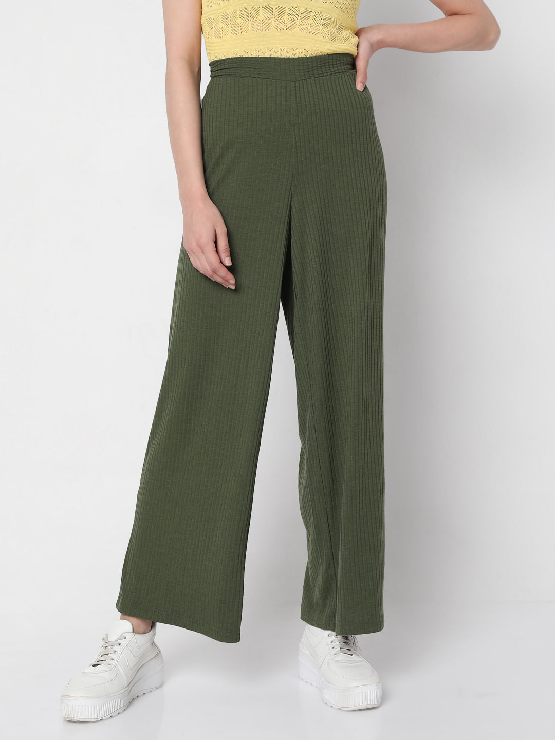 Grey Contrast Ribbed Wide Leg Trousers  PrettyLittleThing