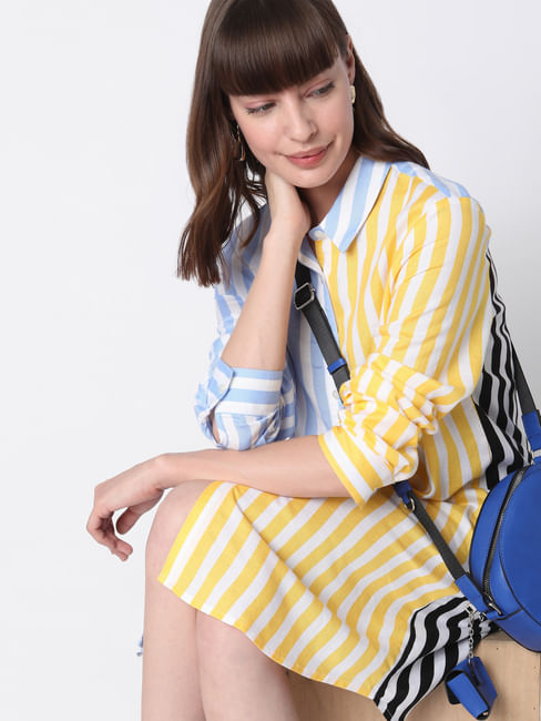 Blue & Yellow Striped Shirt Dress