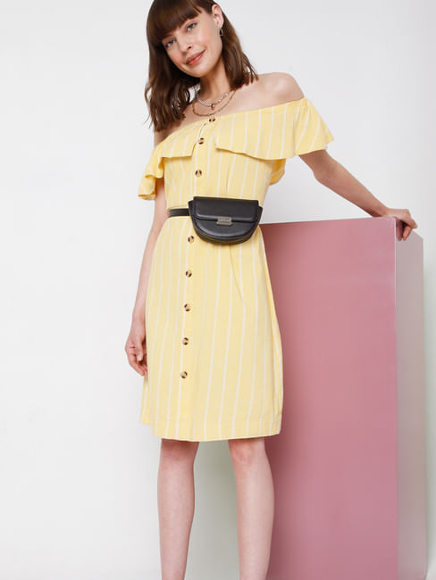 Yellow Striped Off-shoulder Dress