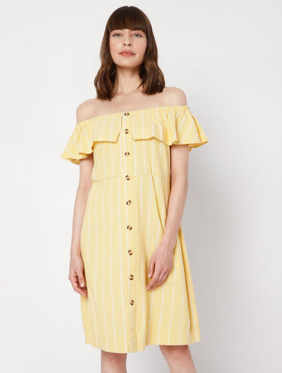 Yellow Striped Off-shoulder Dress