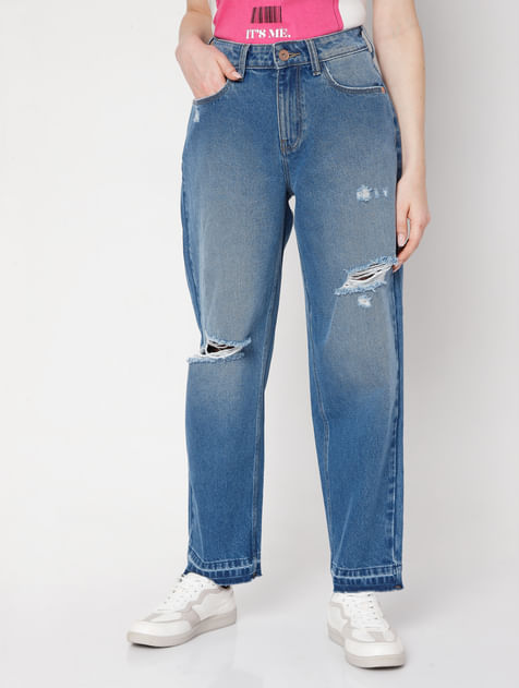 Blue Ripped Jade Straight Fit Jeans