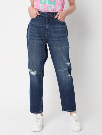 Blue Mid Rise Ripped Girlfriend Jeans