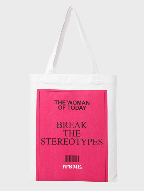 White & Pink Slogan Print Tote Bag