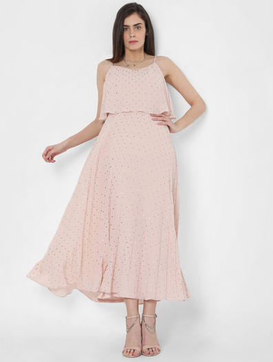 Pink Pleated Foil Print Maxi Dress