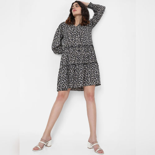 Black Floral Tiered Shift Dress