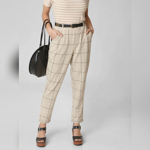 Beige Mid Rise Check Pants
