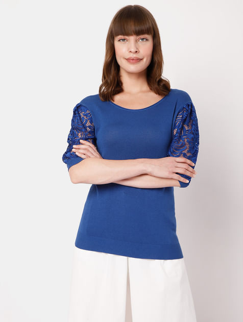 Blue Lace Sleeves Top