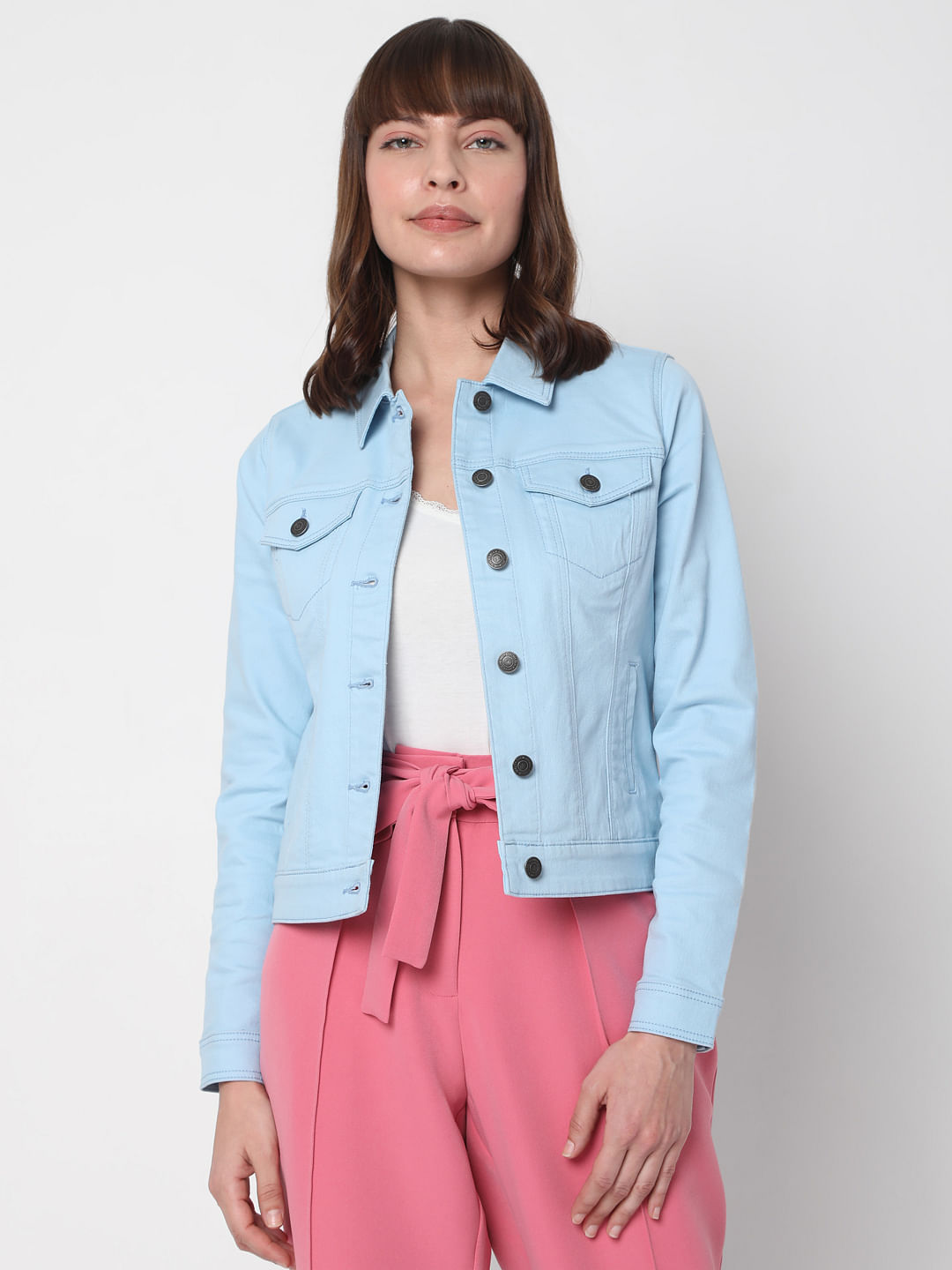 Buy online Women Navy Blue Solid Denim Jacket from jackets and blazers and  coats for Women by Showoff for ₹1159 at 60% off | 2024 Limeroad.com