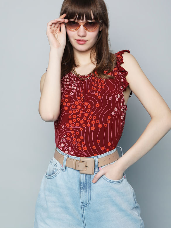 Red Printed Ruffle Detail Top