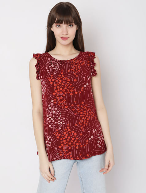 Red Printed Ruffle Detail Top