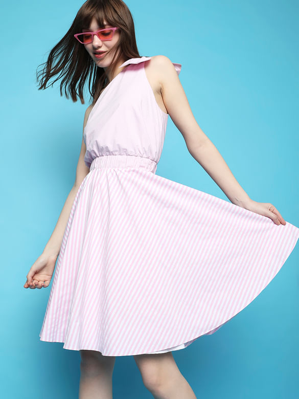 Pink Striped One-Shoulder Dress