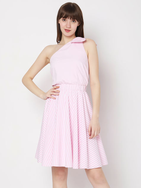 Pink Striped One-Shoulder Dress