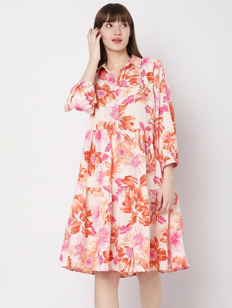 Beige Floral Print Shift Dress