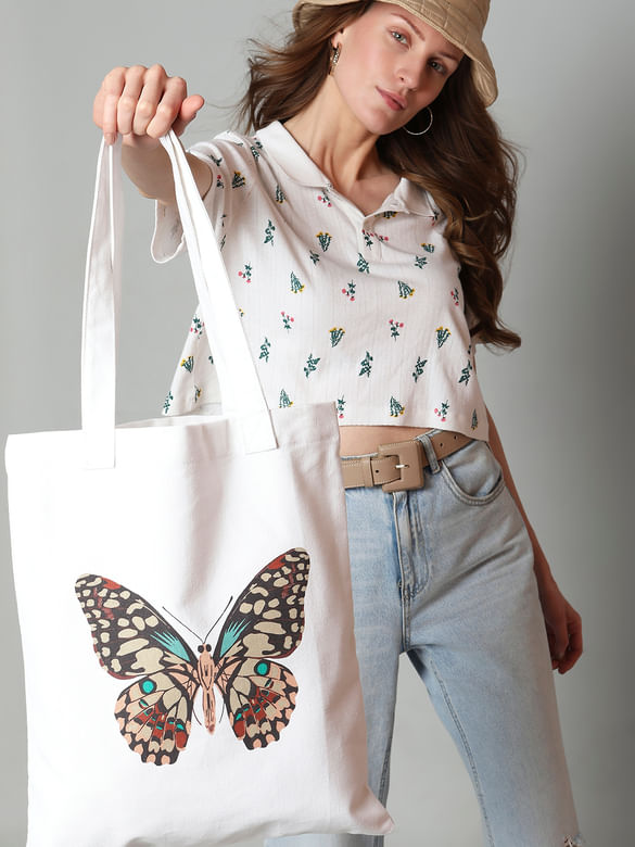 White Butterfly Print Tote Bag