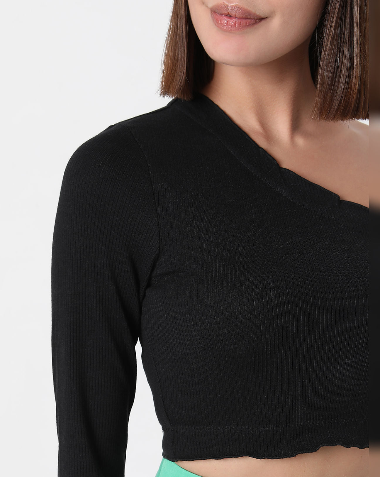 Buy Black Ribbed One Shoulder Top For Women Online in India