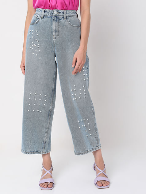 Blue Pearl Studded Zoey Wide-Leg Jeans 