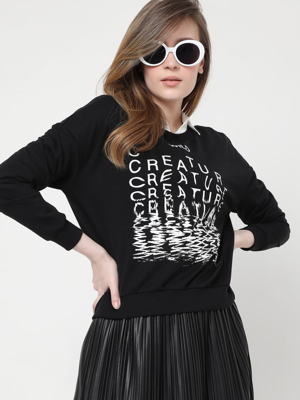 Black Typographic Text Print Sweatshirt