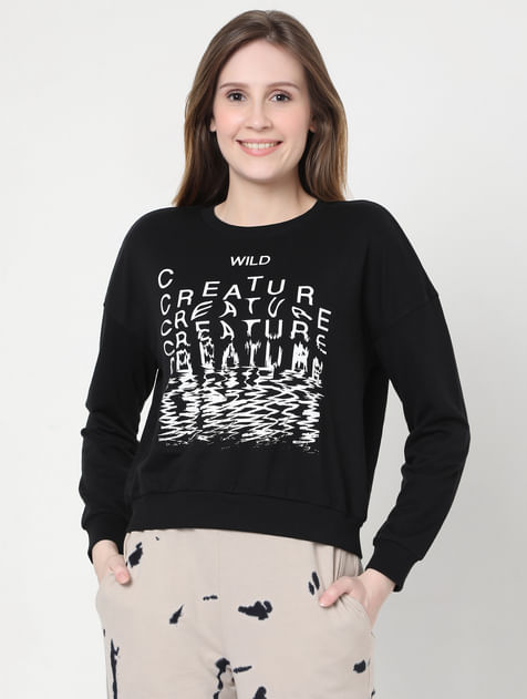 Black Typographic Text Print Sweatshirt