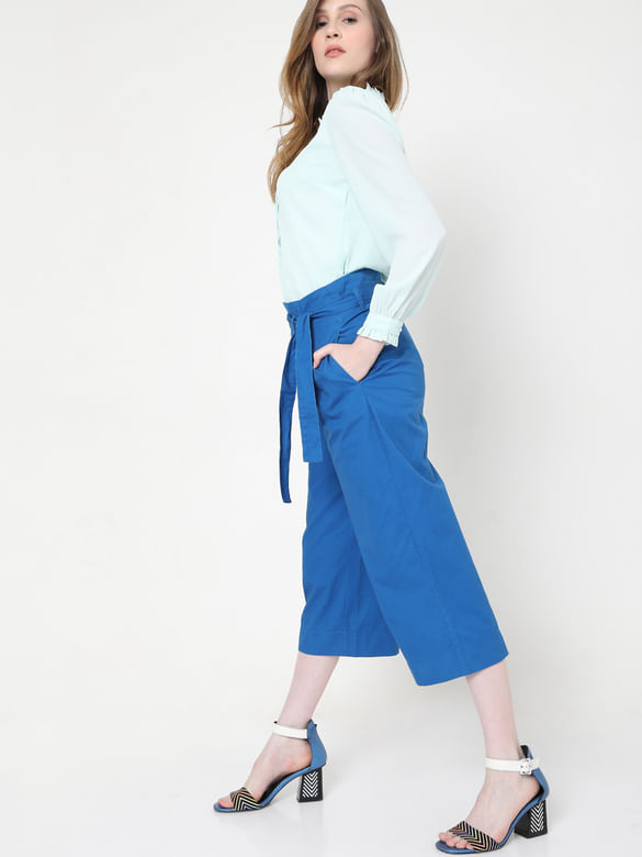 Flowing With It Slate Blue Tie-Front Culotte Pants