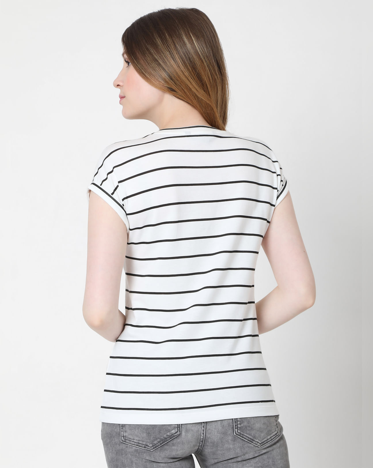 T-Shirts for Women - White Buy Online In Graphic Print Striped T-shirt