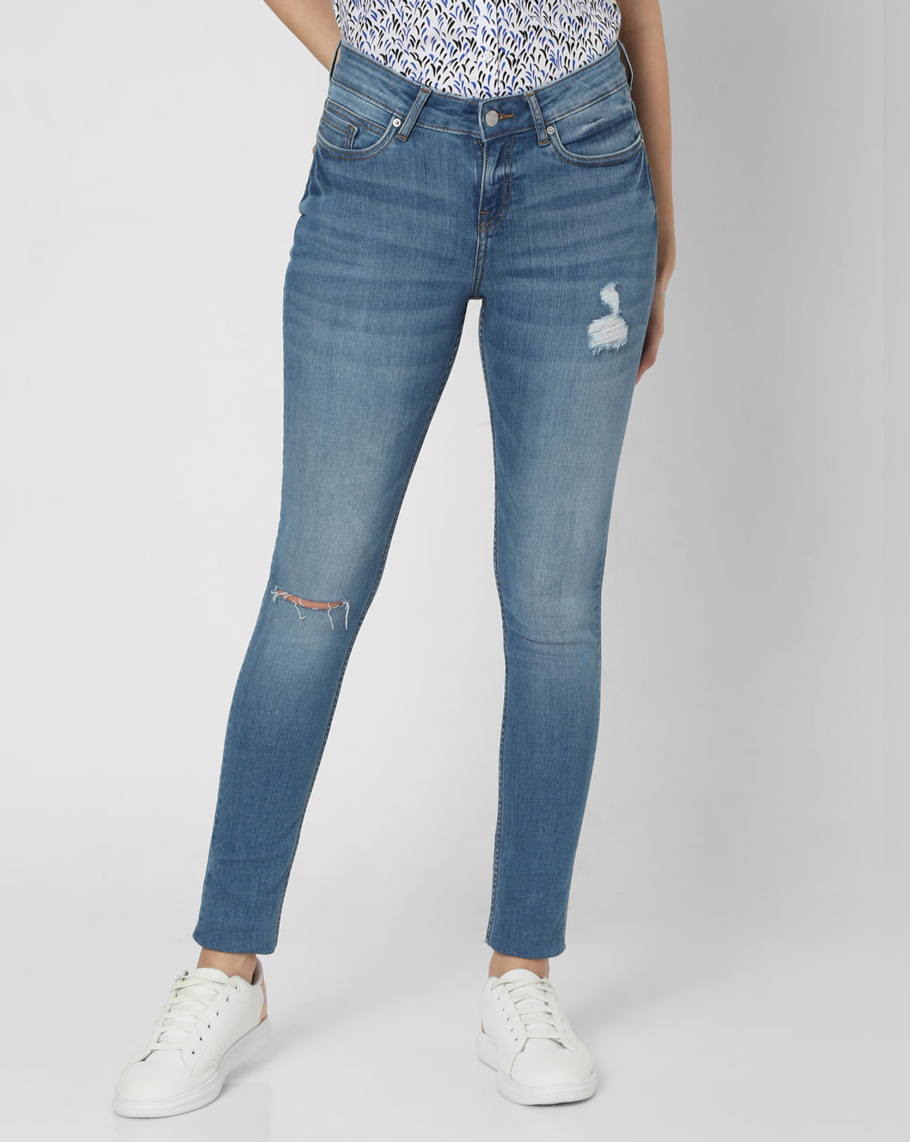 Buy Women Light Blue Mid Rise Knee Slit Skinny Jeans | VeroModa