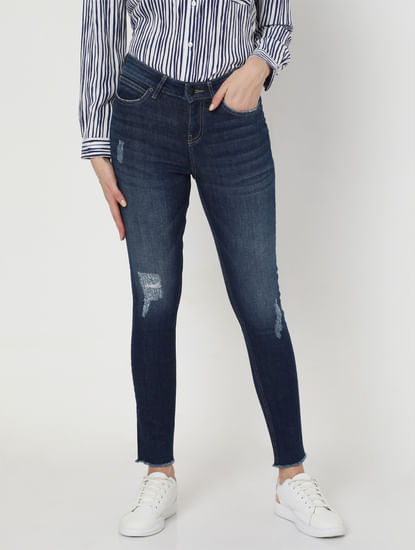 Blue Mid Rise Ripped Skinny Jeans 