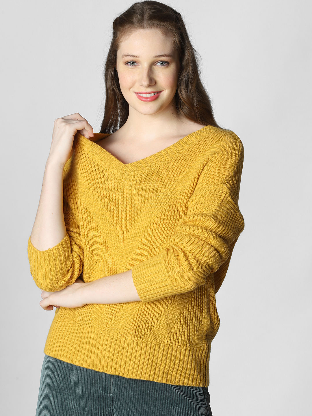 yellow v neck sweater women's